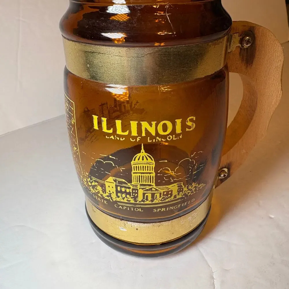Vintage Illinois Souvenir Brown Glass Barrel Mug Wood Handle Lincoln